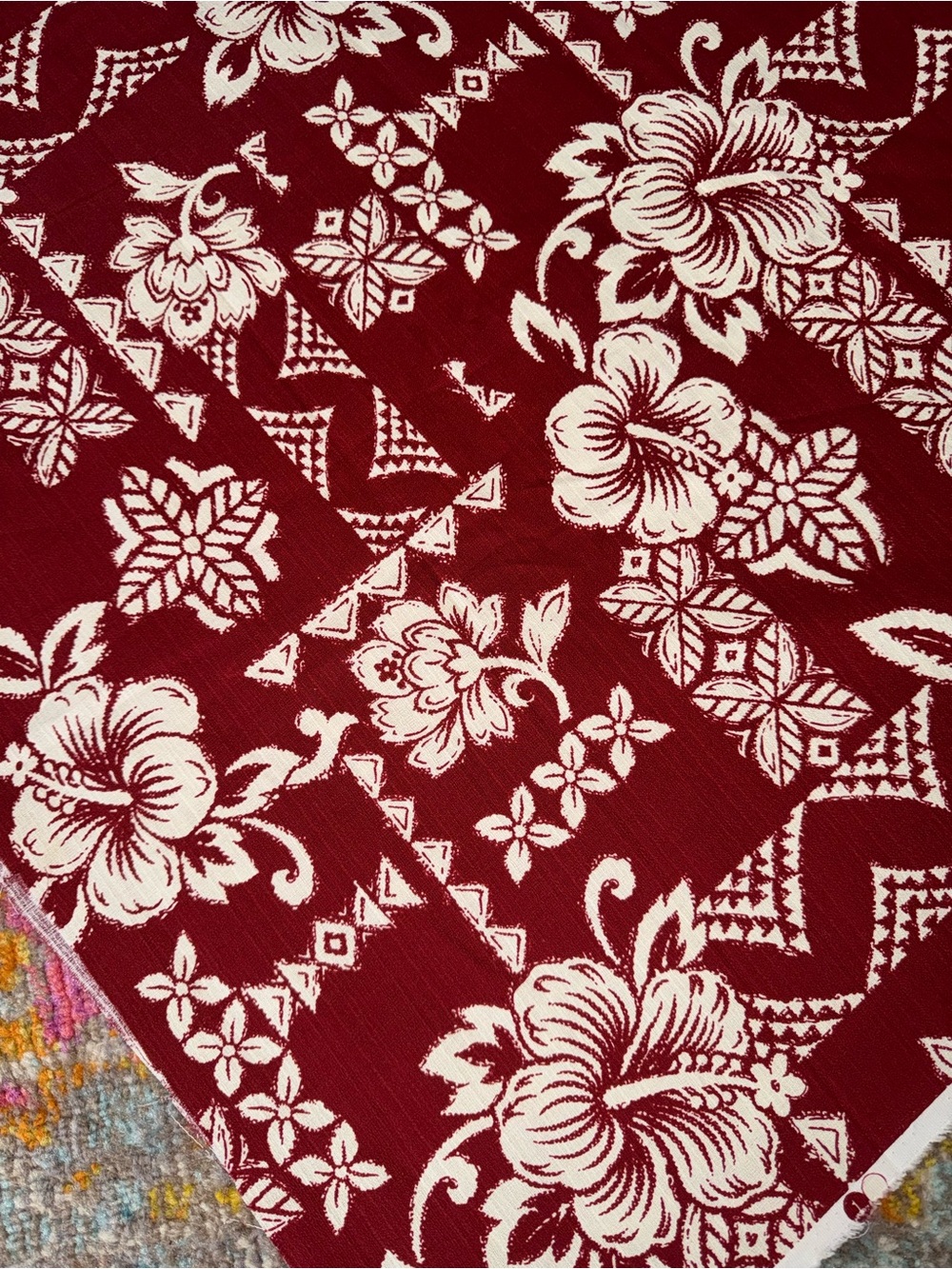 Red and Cream Hawaiian Hibiscus Print Fabric